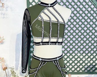 Olive Green Dance Costume with Crystal Cage Design Lyrical Solo Jazz Outfit Custom Handmade