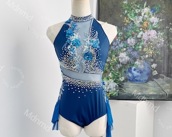 Custom Blue Lyrical Dance Costume, Floral Appliqué, Rhinestone Embellished, Contemporary Jazz Outfit