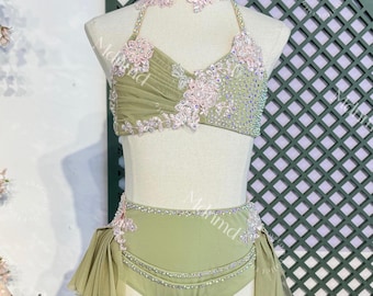 Custom Green Lyrical Dance Costume: Pink Floral & Crystal Embellishments Contemporary Costume