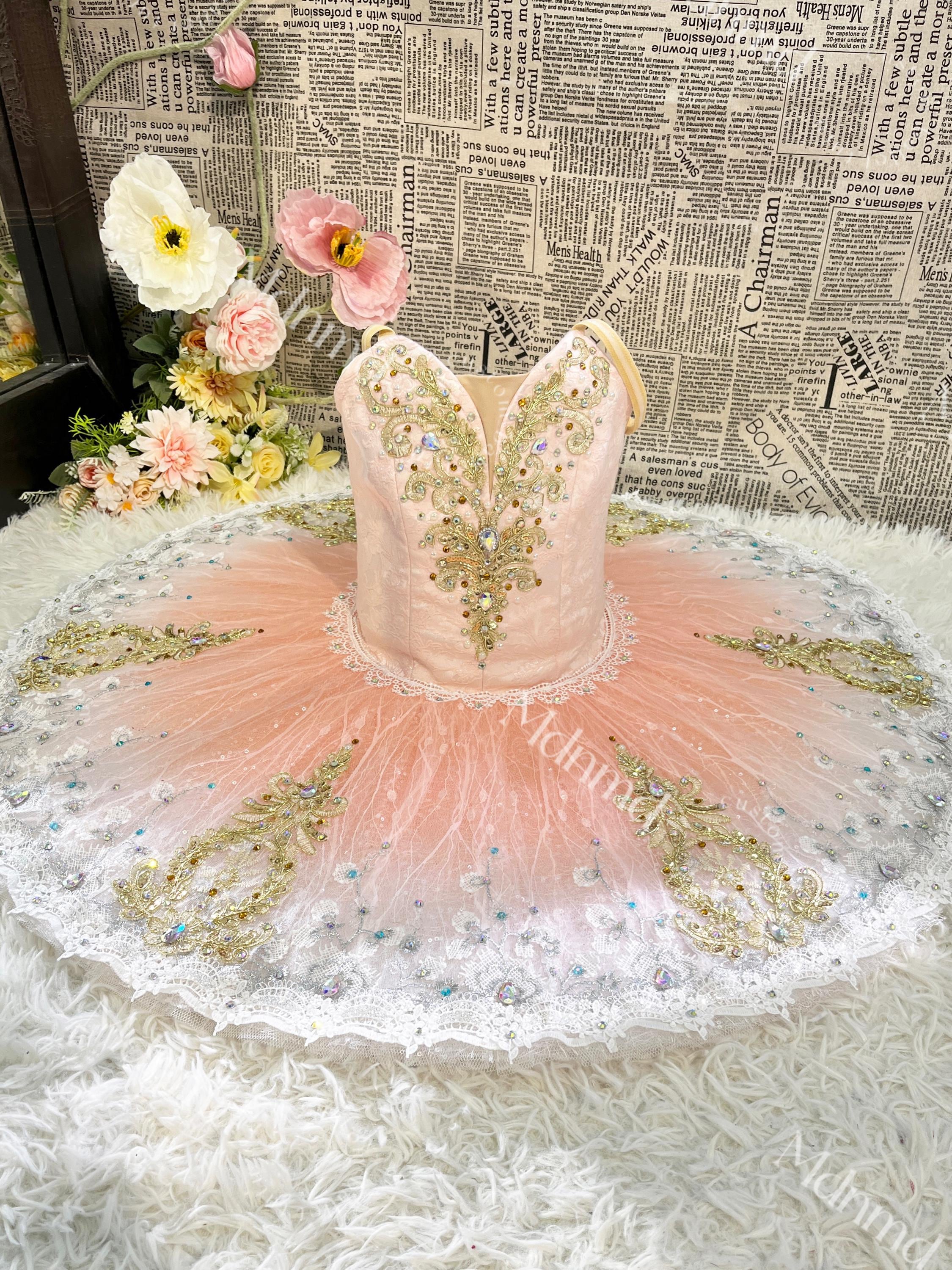 Custom Professional Pink Ballet Performance Dress Embellished with Gold  Embroidery and Sequins