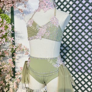 Custom Exquisite Handmade Lyrical Green Dancewear with Pink Floral & Crystal Embellishments