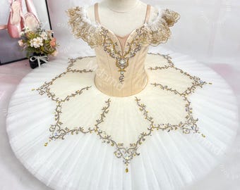 Handmade White Classical Ballet Tutu, Gold Lace, Crystal Embellishments (Custom Made)