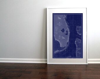 Florida Nautical Chart Map 1968 Dark Blue Digital Download 20 x 30, Map Art Prints, Printable Wall Art, Miami, Key West, Atlantic Ocean Art