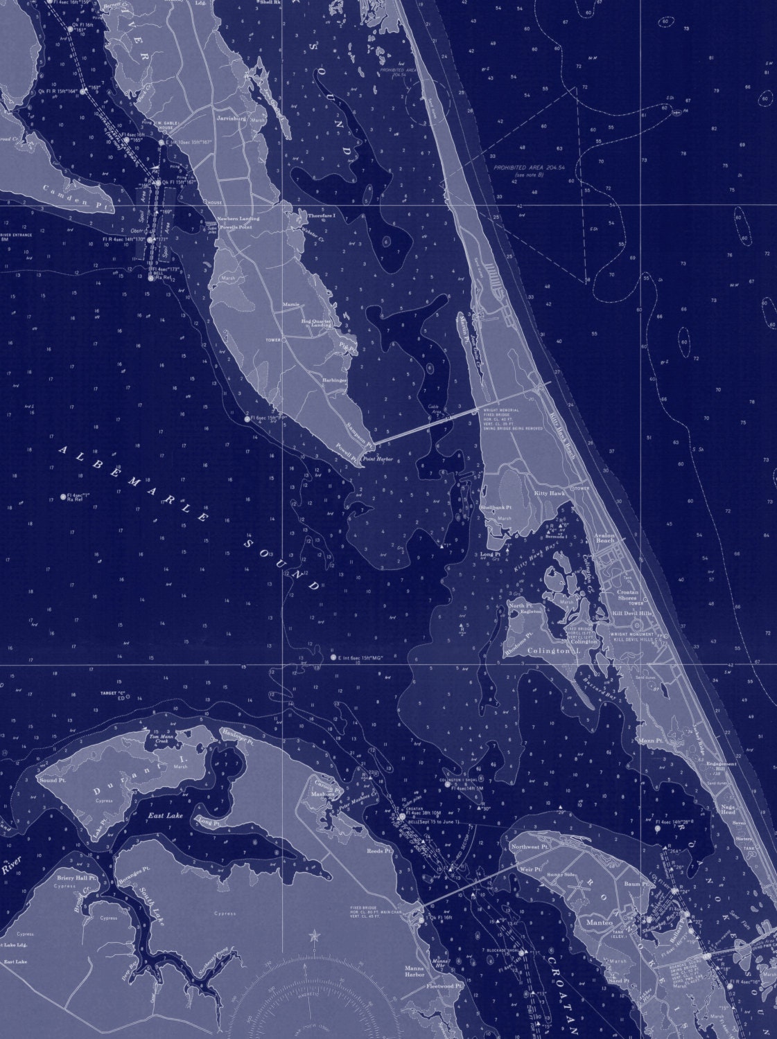 Coastal North Carolina Chart Map Dark Blue PRINTABLE ART 20 X 30 Map