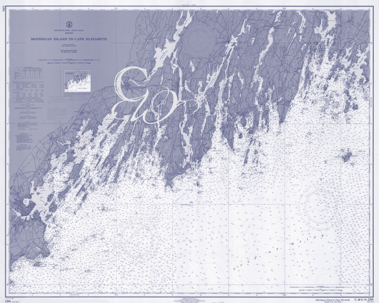 Southern Maine Nautical Chart 1967 Light Blue, DIGITAL PRINT, 16 X 20
