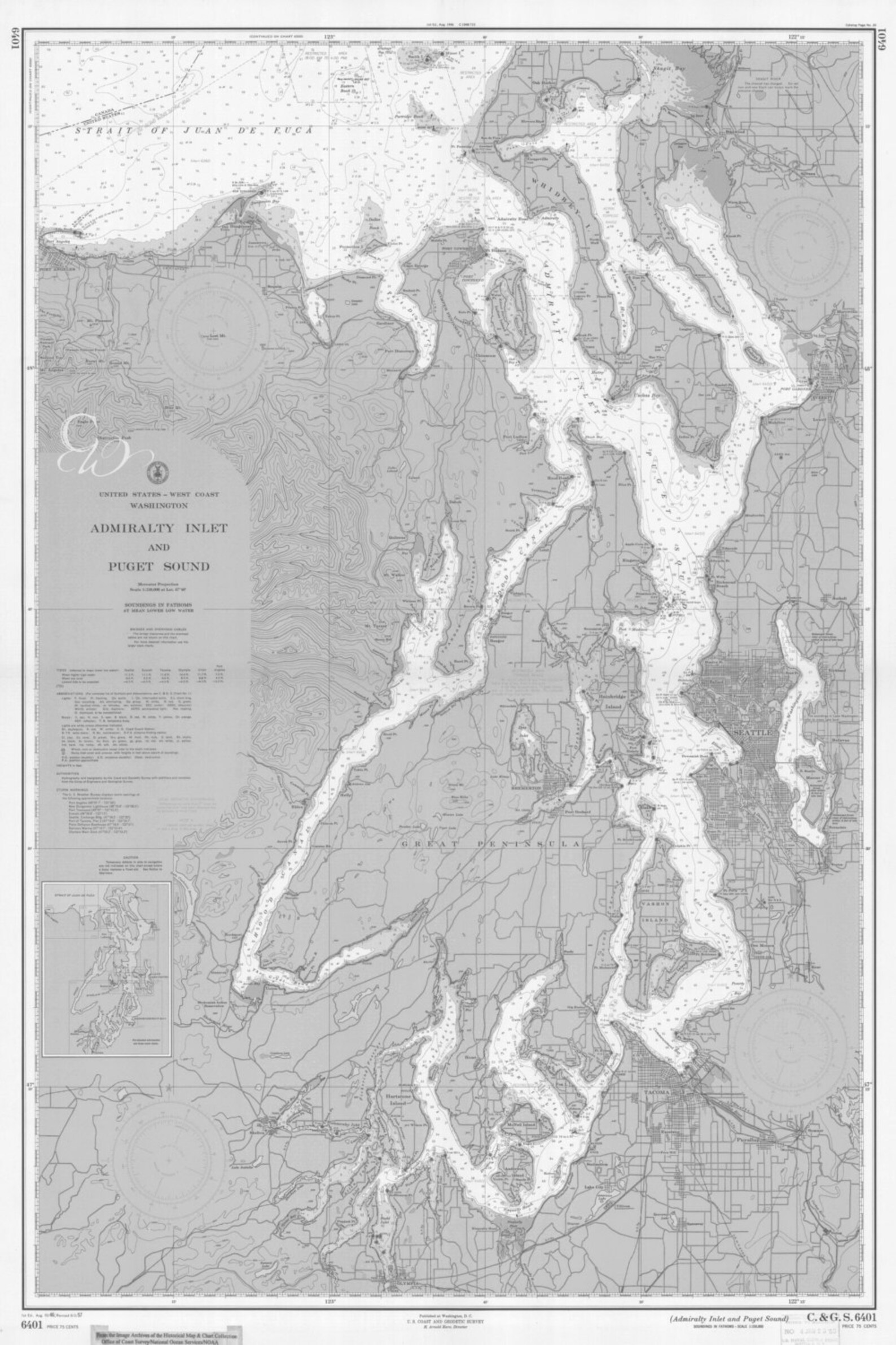Puget Sound Washington State Nautical Chart Map 1957 Grey, Digital ...