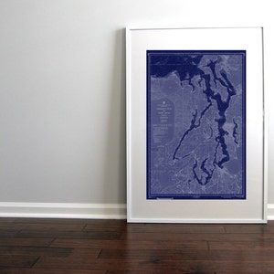 Puget Sound Washington State Nautical Chart Map 1956 Dark Blue Instant Download, 20 x 30, Map Art Prints, Printable Wall Art, Whidbey Island