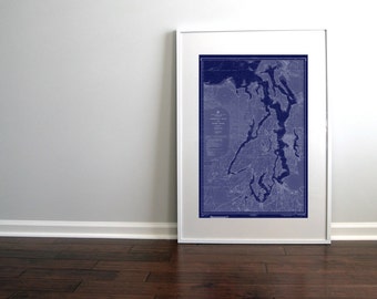 Puget Sound Washington State Nautical Chart Map 1956 Dark Blue Instant Download, 20 x 30, Map Art Prints, Printable Wall Art, Whidbey Island