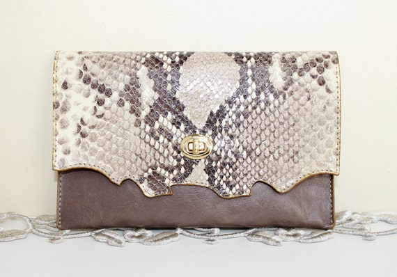 Items similar to Taupe and Brown Snakeskin Purse / Leather Clutch ...