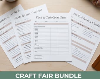 May include: A collection of printed sheets for craft fair organization, including an inventory sheet, cash count sheet, and booth checklist. The text "CRAFT FAIR BUNDLE" and "INSTANT DOWNLOAD" are at the bottom of the image. A mug and yarn are also visible.