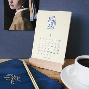 2025 Desk Calendar, Wood Stand, Masterpiece, Illustrated 12 Month, Monthly Calendar, schedule, planner, Matoka El Commun