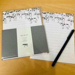 Conjunto de cartas para impressão tipográfica, Cow, Ah la la, 6 papéis e 3 envelopes, feito no Japão, Matoka