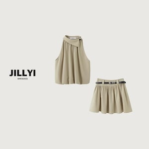 Elora Beige Pleated Collar Two-Piece Set | Korean Style Sleeveless Co-ord | Mini Skirt and Top Outfit