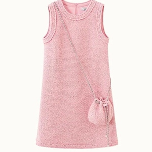 Elegant Pink Tweed Sleeveless Dress with Matching Mini Purse – Vintage French Style Shift Dress | Soft Textured Fabric
