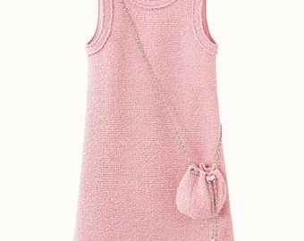 Elegant Pink Tweed Sleeveless Dress with Matching Mini Purse – Vintage French Style Shift Dress | Soft Textured Fabric
