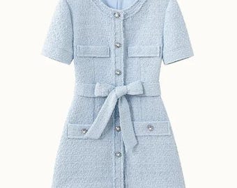 Elegant Light Blue Tweed Dress with Belt – Vintage-Inspired Summer Outfit