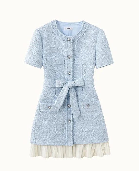 light blue tweed dress Women's Soft Kisses Short Sleeve Mini | Size: L making it perfect for workdays Elegant Light Blue Tweed Dress