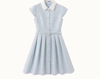 Elegant Light Blue Tweed Dress with White Collar – Vintage-Inspired Fit & Flare Design