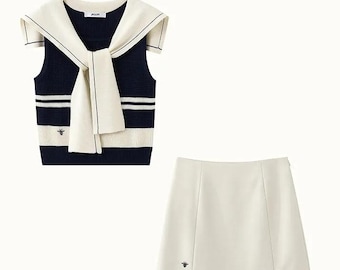 Vintage Style Navy Sleeveless Sweater & Skirt Set | Preppy Summer Outfit | Elegant 2-Piece Bee Embroidered Matching Set
