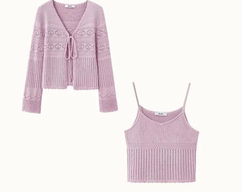 Knit 2 Piece Set | Vintage Tie Cardigan & Crop Top | Light Pink or Cream White | Korean Style Knitwear for Women | JILLYI