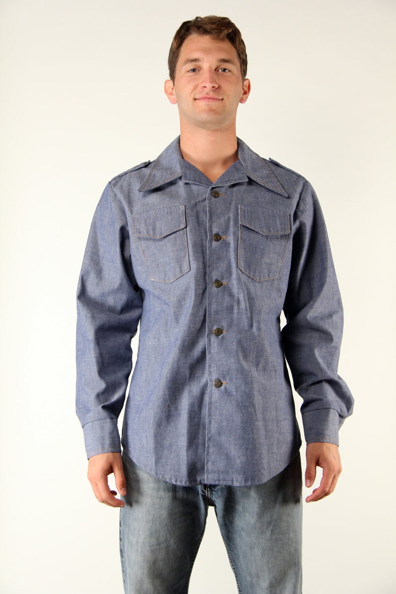 Vintage Denim Shirt American Long Sleeve L Brass Buttons