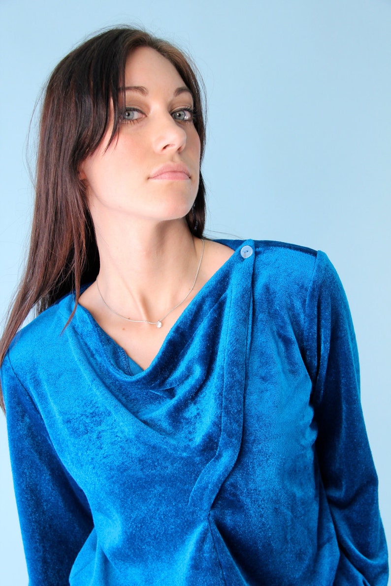 Vintage Velour Velvet Top Shirt Jewel Blue 70s Small