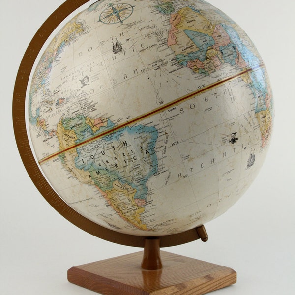 Vintage Mid Century World Globemaster Globe Earth Ivory Beige Browns Blues Wooden Wood Stand 1960s