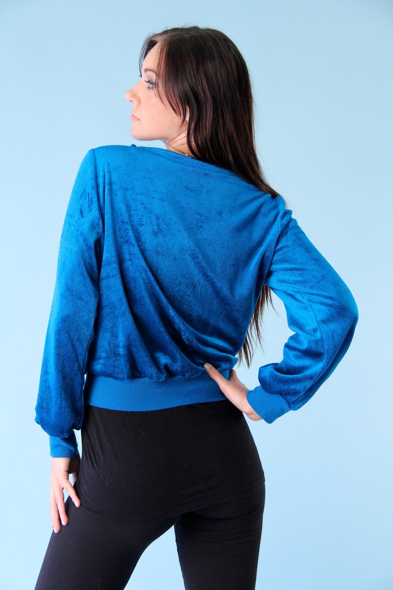 Vintage Velour Velvet Top Shirt Jewel Blue 70s Small