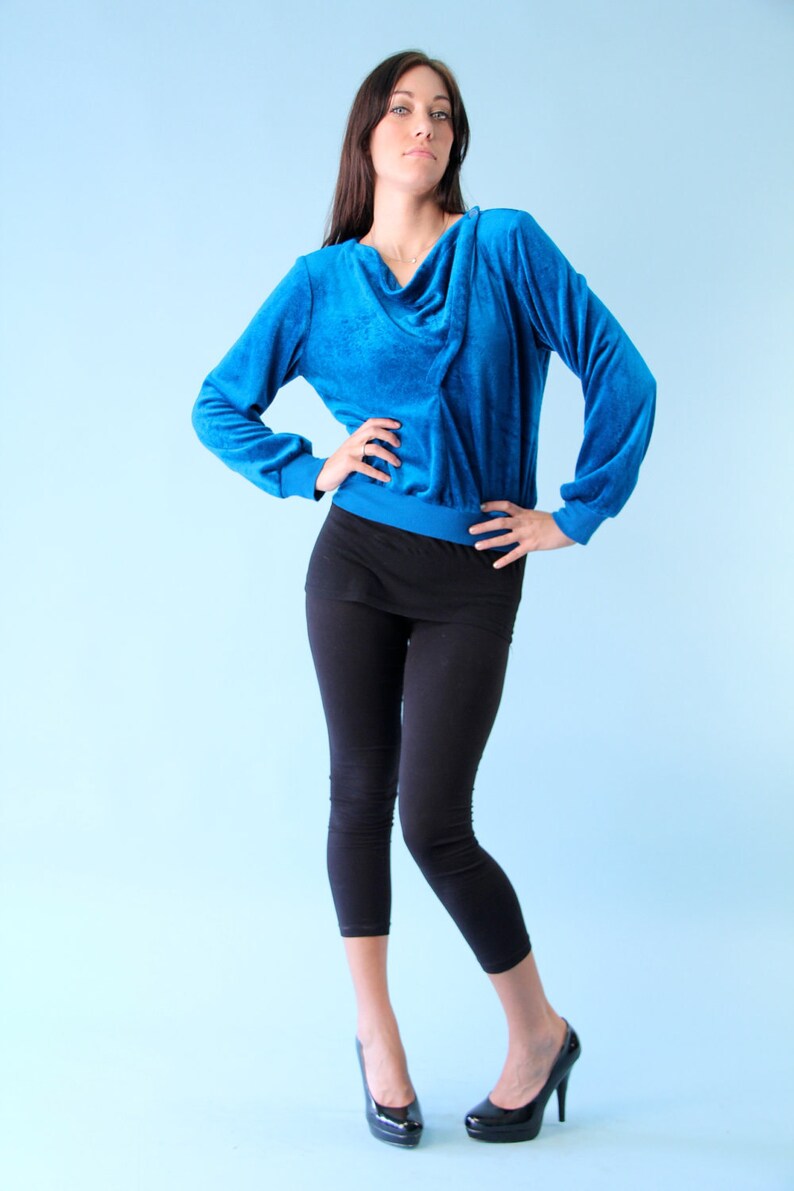 Vintage Velour Velvet Top Shirt Jewel Blue 70s Small