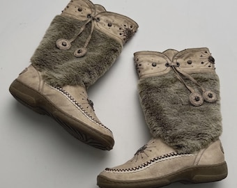 Botas de invierno vintage de piel sintética de oveja para mujer, estilo bohemio, con ribete de piel sintética, hasta la pantorrilla, estilo Y2K