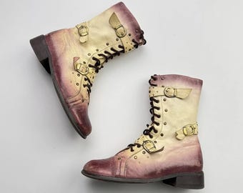 Vintage Distressed Leather Springerstiefel Schnürschuhe Schnalle Biker Grunge Punk Festival Stiefel