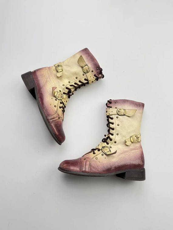 Vintage Distressed Leather Combat Boots Lace Up Buckle Biker Grunge Punk Festival Boots