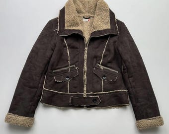 Vintage Faux Sheepskin Aviator Jacket Brown Biker Zip Sherpa Lined Women’s Coat