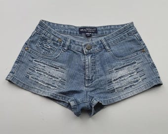 Shorts vaqueros vintage para mujer, azul claro desgastado, tiro bajo, estilo Y2K