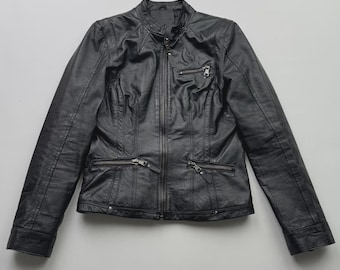 Vintage-Lederjacke, kurz geschnitten, Damen, Schwarz, tailliert, Reißverschluss vorne, Utility-Stil, Y2K