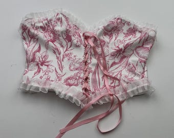 Vintage Floral Corset Top Women's Lace Up Bustier Pink Cottagecore Boned Tube Top