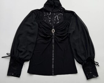 Vintage Black Embellished Blouse Women’s Ruched High Neck Puff Sleeve Gothic Romantic Top
