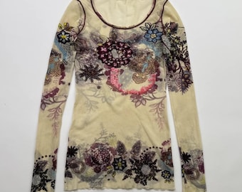 Vintage Floral Mesh Top Women's Sheer Long Sleeve Fairy Grunge Y2K Blouse