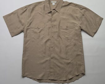 Vintage Silk Men's Shirt Beige Short Sleeve Button Up Casual Luxury Pocket Shirt Y2K