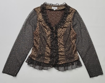 Vintage Sheer Ruffle Blouse Sparkly Mesh Long Sleeve Party Top Women’s Y2K