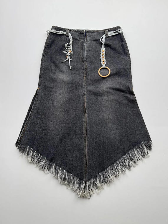スカート clutch asymmetry Denim Skirt Y2K Archive Vintage Denim Dark Washed Skirt Asymmetrical Frayed Hem Y2K