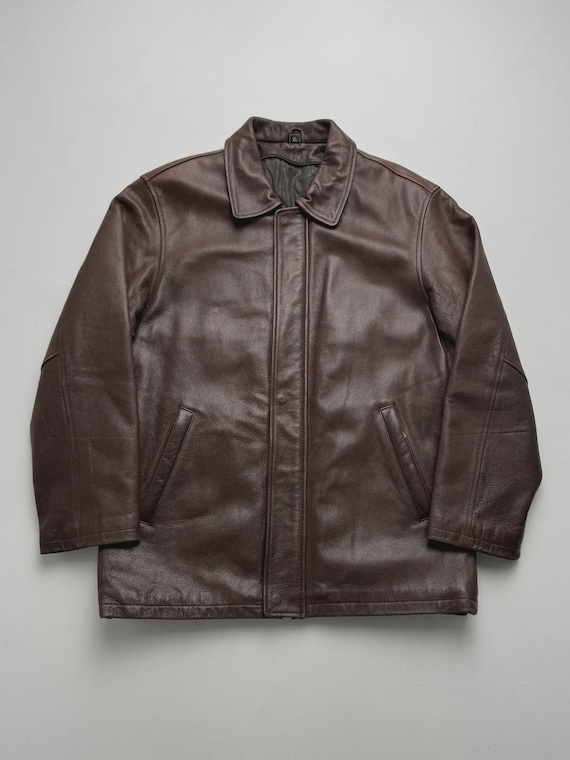 Vintage Men’s Brown Real Leather Jacket 90s Minimalist Zip Front Coat Workwear