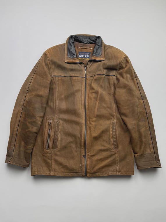 Vintage Men's Real Leather Jacket Brown Zip Up Jacket 90s Retro Style Outerwear