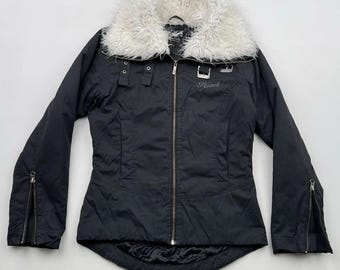 Chaqueta negra vintage con cuello de felpa, estilo Y2K, abrigo utilitario corto para mujer, prenda de abrigo de invierno.