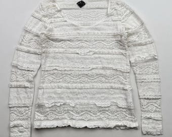 Vintage White Lace Long Sleeve Top Sheer Floral Stretch Y2K Romantic Blouse