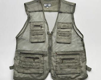 Fishing Vest Vintage Denim Cargo 90's Sleeveless Jacket Men Size L