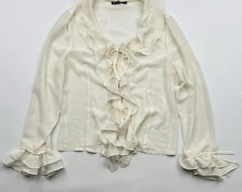 Vintage Cream Ruffle Blouse Women's Long Sleeve Lace Up Front Romantic Peasant Top Y2K