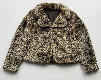 Vintage Women's Leopard Print Faux Fur Coat Cropped Jacket Animal Print Y2K Retro
