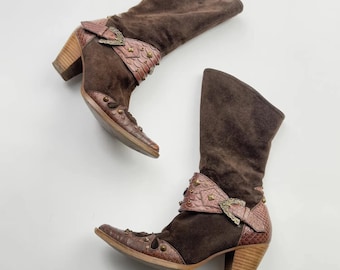 Vintage Suede Leather Western Boots Women's Mid Calf Cowboy Block Heel Studded Buckle