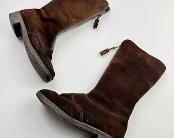 Vintage Brown Suede Mid Calf Boots Block Heel Side Zip Boho Y2K Women’s Boots